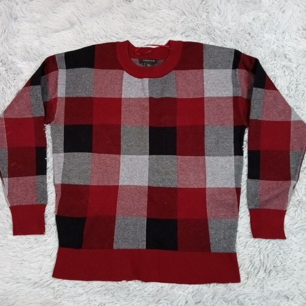 Tahari Sweater Womens L Gray Red Check Block Lightweight Preppy Casual Career